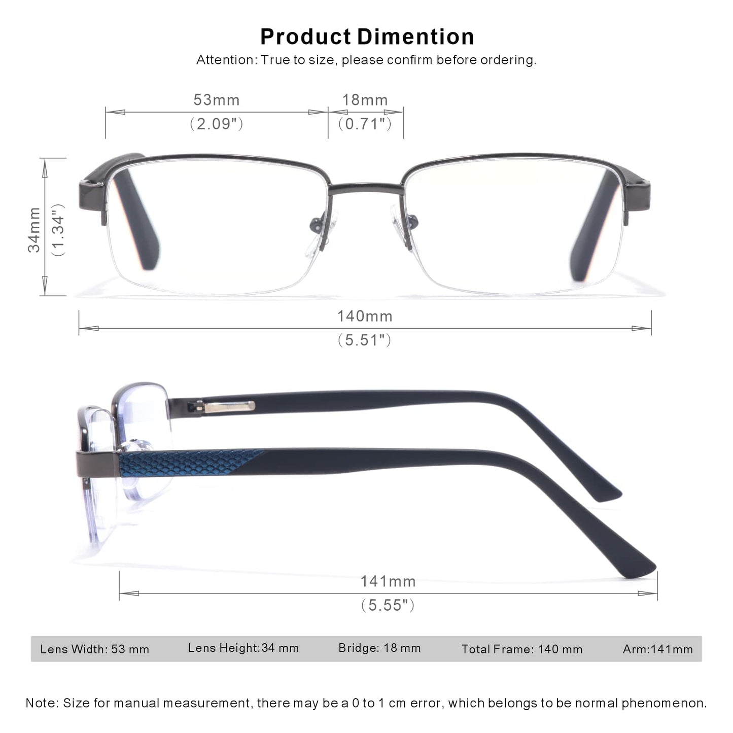 Missfive Men Premium Multifocus Reading Glasses Blue Light Blocking, Progressive Metal Frame With No Broken Spring Hinge Multifocal Readers Computer Eyewear 2 Pack (Workspace For Near Range)
