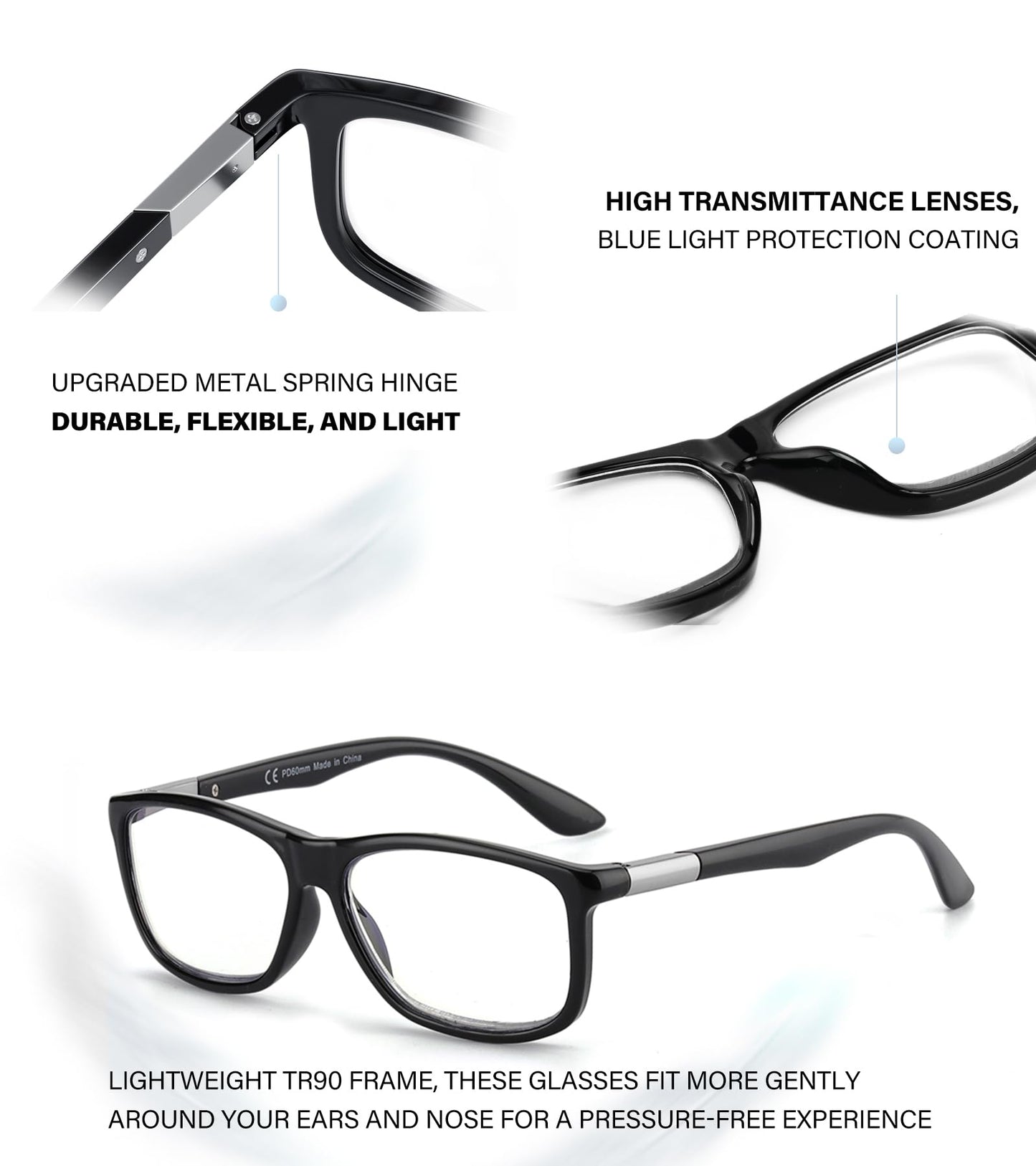 Missfive 2 Pack Progressive Multifocus Reading Glasses Premium Flexible Metal Spring Hinge, Light TR90 Multifocal Readers for Men Women Anti Blue/UV No-Line Trifocal for 3-5ft Mid-Near, Black & Blue