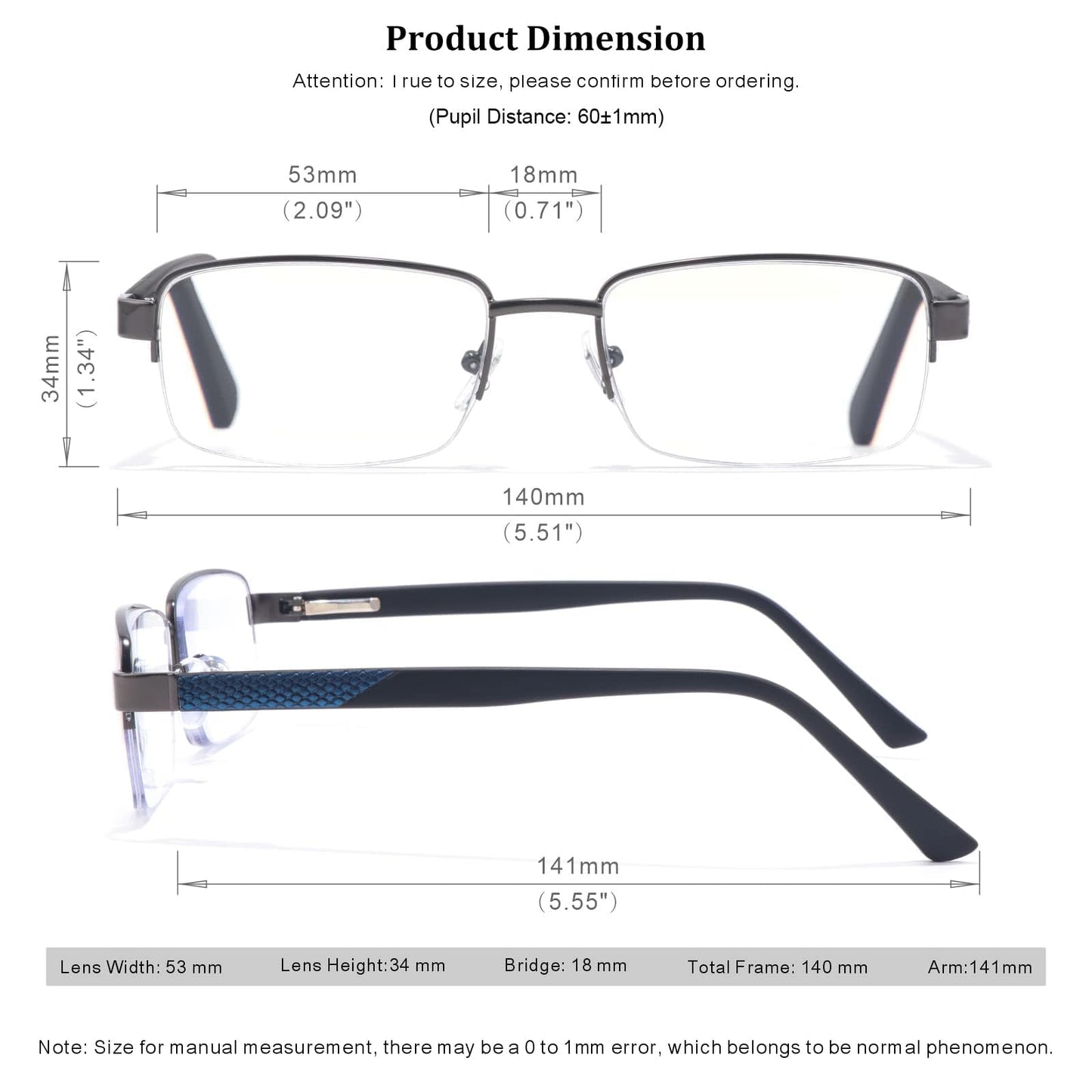 Missfive Men Premium Multifocus Reading Glasses Blue Light Blocking, Progressive Metal Frame With No Broken Spring Hinge Multifocal Readers Computer Eyewear,Workspace For Near Range