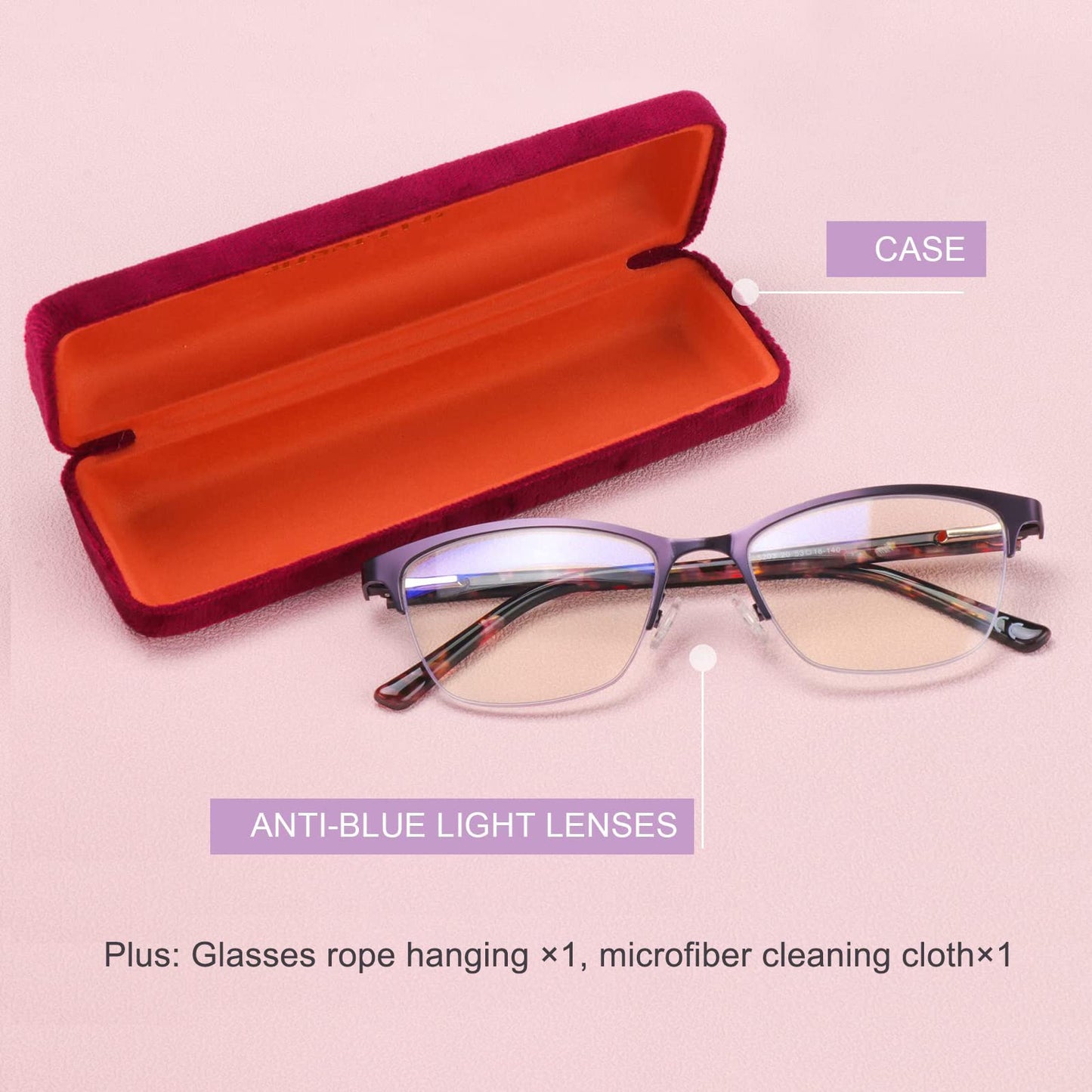 Missfive Premium Progressive Multifocus Metal Reading Glasses Women & A Case, Quality Spring Hinge Blue Light Blocking No Line Lens Multifocal Readers(for Mid-Near Workspace_Deep Purple)