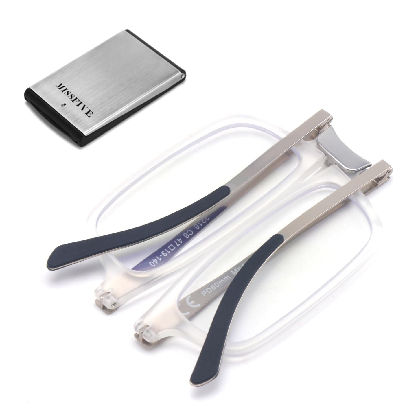 Missfive Premium Folding Foldable Reading Glasses for Men Women Blue Light Blocking, Super-Thin Portable Travel Pocket Readers with Durable Metal Case, Clear Frame