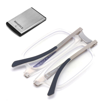Missfive Premium Folding Foldable Reading Glasses for Men Women Blue Light Blocking, Super-Thin Portable Travel Pocket Readers with Durable Metal Case, Clear Frame