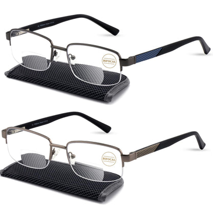 Missfive Mens Premium Bifocal Reading Glasses Blue Light Blocking, Computer Readers Metal Frame with No Broken Spring Hinge, Far/Near Dual-use Eyeglasses 2 Pack, Blue & Silver