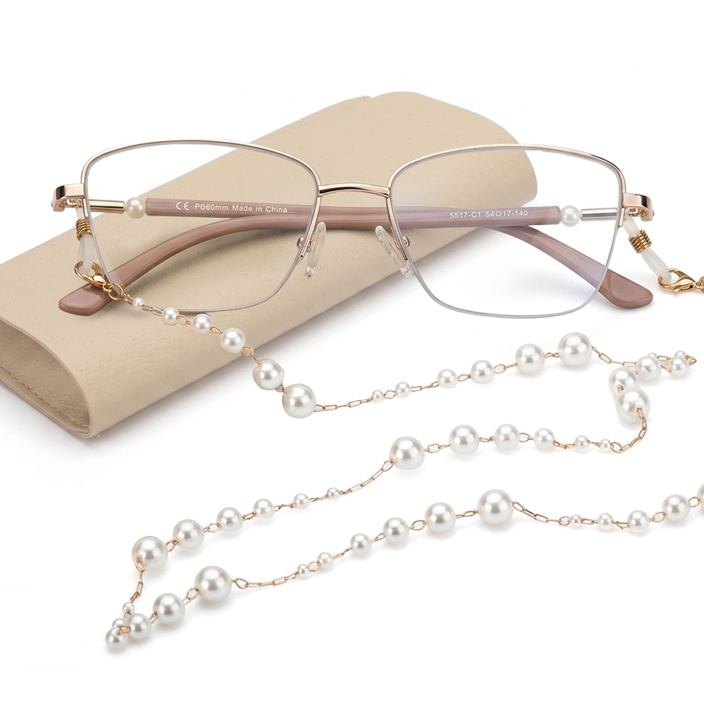 Missfive Pearl Progressive Multifocal Reading Glasses for Women, Flattering Durable & Lightweight Metal Half-Frame, Blocks Blue Light & UV, Convenient Chain, No-Line Multifocal Readers,Pink