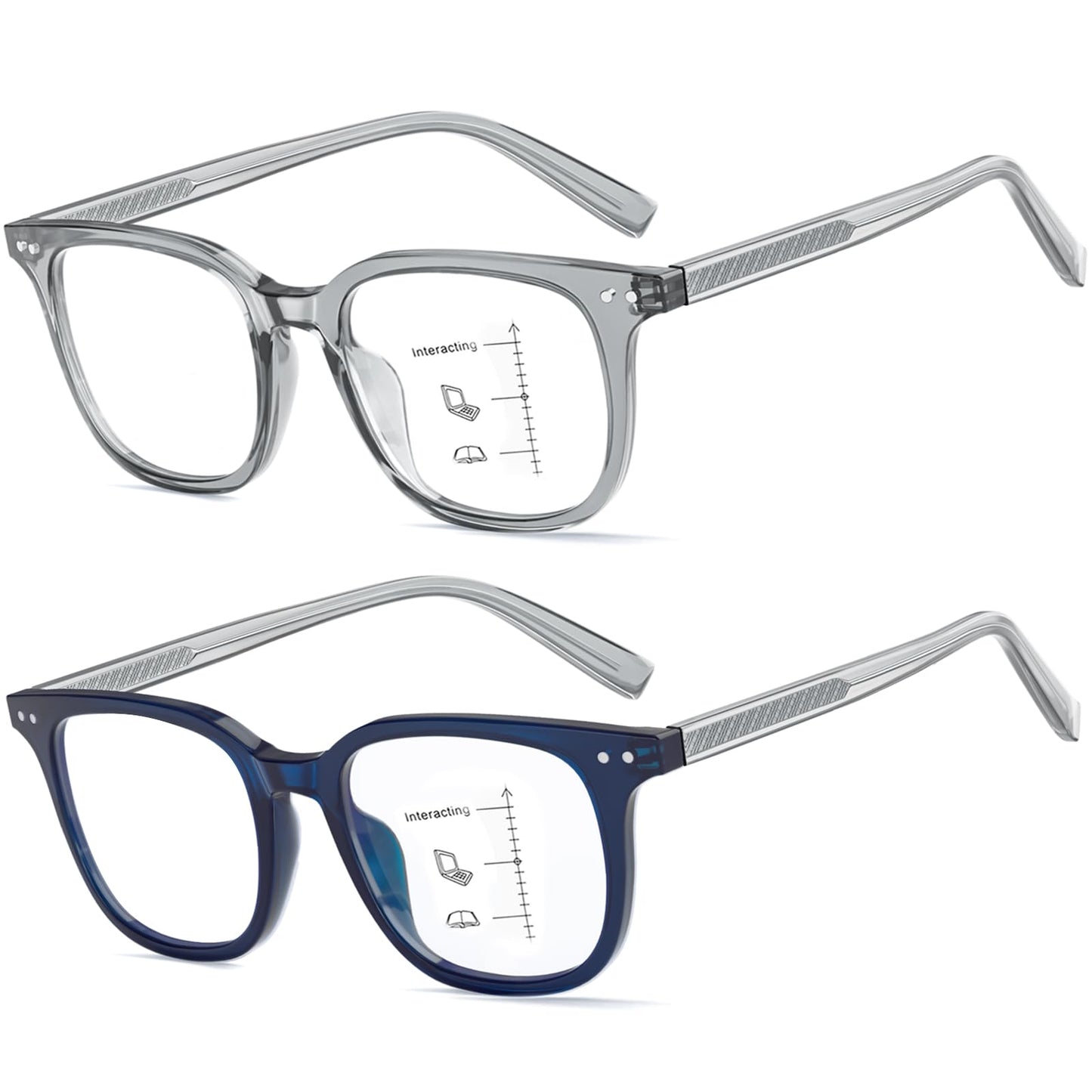 Missfive 2-Pack Multifocus Progressive Reading Glasses Men, Blue Light Blocking Multifocal Spring Hinge Trifocal Readers Durable TR90 Frame Near-Range Eyeglasses, Grey & Blue