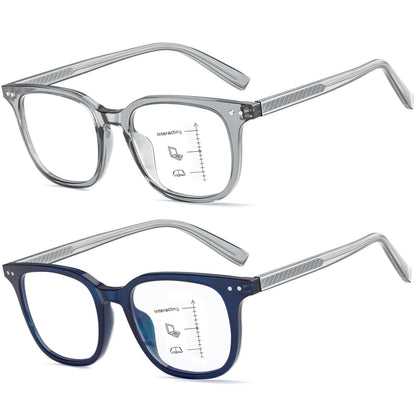 Missfive 2-Pack Multifocus Progressive Reading Glasses Men, Blue Light Blocking Multifocal Spring Hinge Trifocal Readers Durable TR90 Frame Near-Range Eyeglasses, Grey & Blue