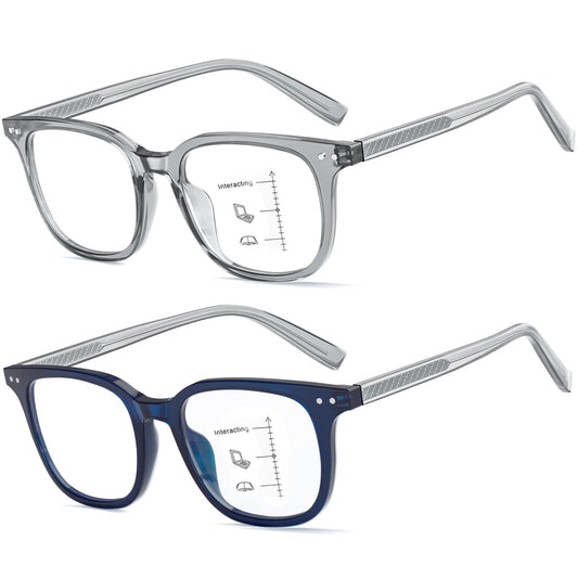 Missfive 2-Pack Multifocus Progressive Reading Glasses Men, Blue Light Blocking Multifocal Spring Hinge Trifocal Readers Durable TR90 Frame Near-Range Eyeglasses, Grey & Blue
