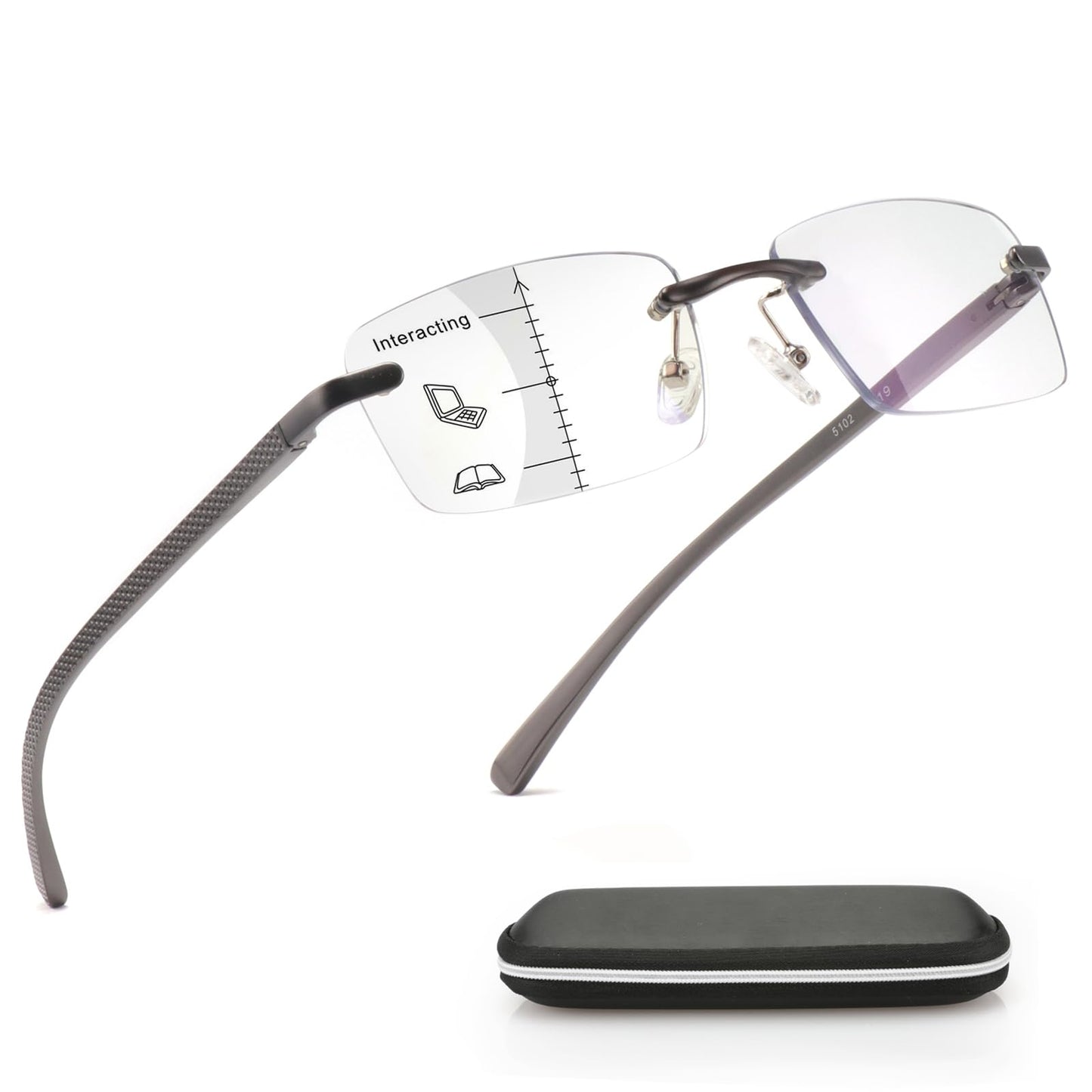 Missfive Premium Aluminum Progressive Multifocus Reading Glasses Men Blue Light Blocking, No-Line Spring Hinge Rimless Office Multifocal Metal Readers, Workspace for Near Range, Gunmetal