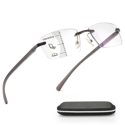 Missfive Premium Aluminum Progressive Multifocus Reading Glasses Men Blue Light Blocking, No-Line Spring Hinge Rimless Office Multifocal Metal Readers, Workspace for Near Range, Gunmetal