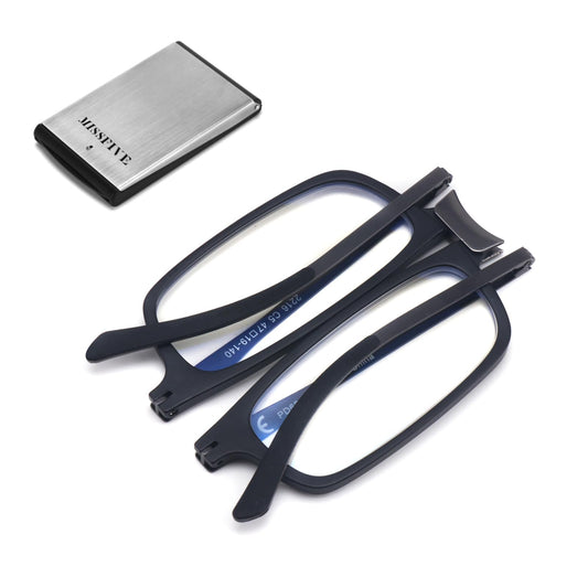 Missfive Premium Folding Reading Glasses Blue Light Blocking for Men Women, Ultra Thin Foldable Portable Travel Readers with Durable Pocket Metal Case, Black Lightweight Compact Eyewear