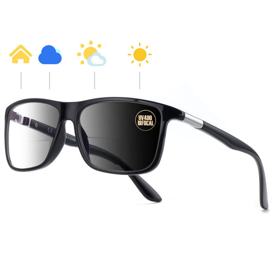 Missfive Photochromic Bifocal Reading Glasses Men Blue Light Protection, Designer Transition Retro Computer Readers Far and Near Dual-Use Lens Stylish Vintage Eyeglasses Glossy Black Eyewear