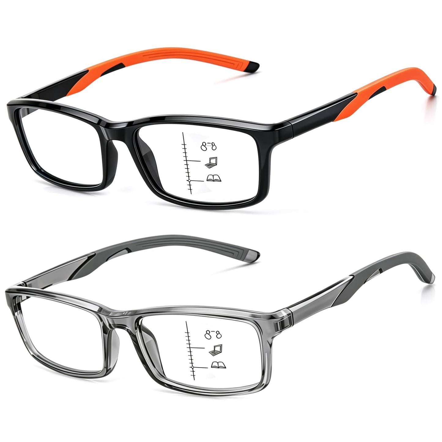 Missfive 2 Pack Sporty-Comfort Progressive Multifocus Reading Glasses Men, Super Flexible TR90 Frame with Anti-slip Rubber Tips, Anti-Blue Light Multifocal Computer Readers for Near Range