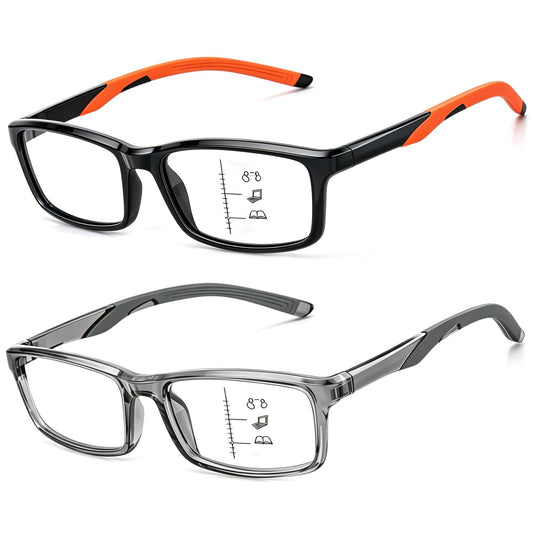 Missfive 2 Pack Sporty-Comfort Progressive Multifocus Reading Glasses Men, Super Flexible TR90 Frame with Anti-slip Rubber Tips, Anti-Blue Light Multifocal Computer Readers for Near Range