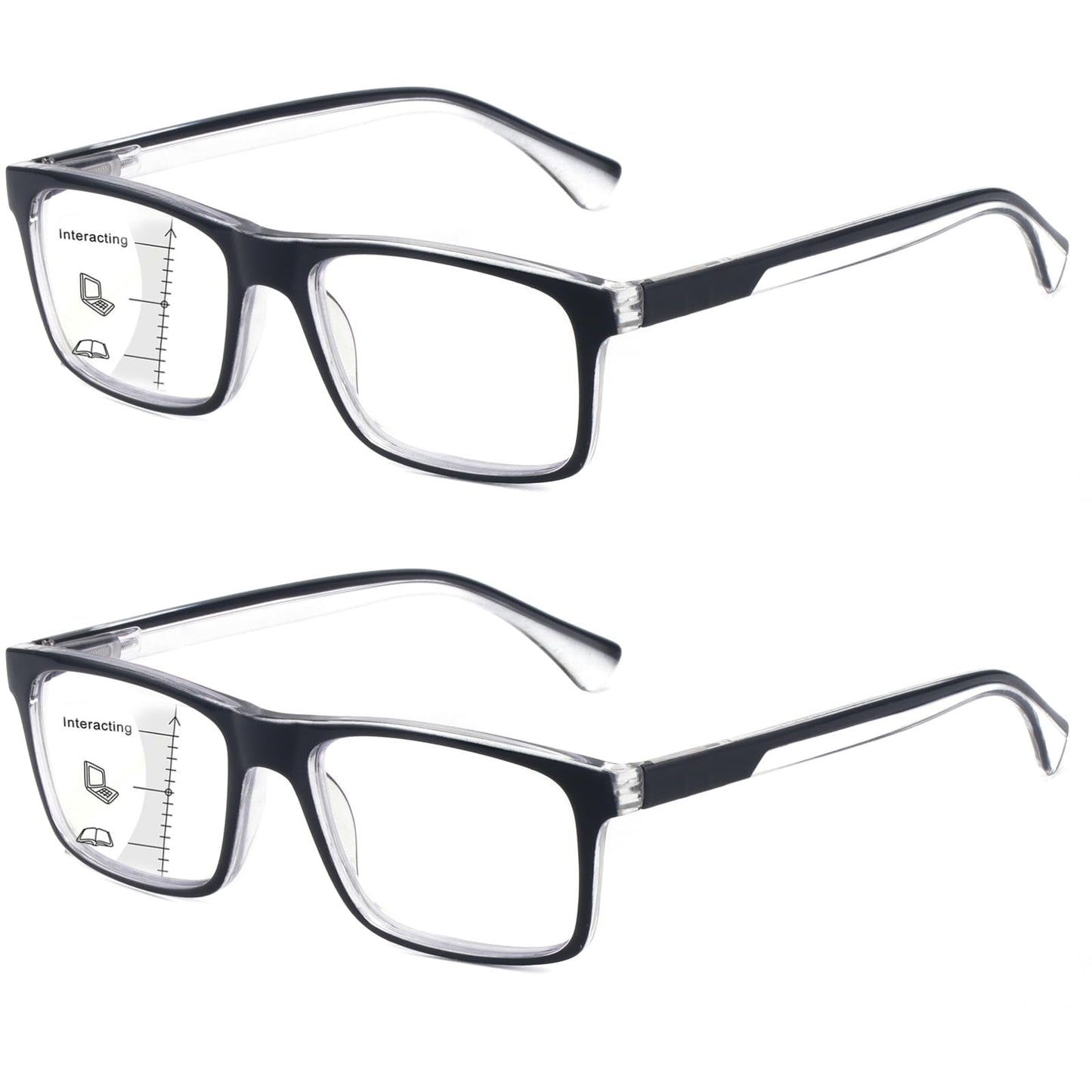 Missfive 2-Pack Mens Light Multifocus Progressive Reading Glasses Blue Light Blocking, Multifocal Spring Hinge Readers No-Line Quality Comfort Trifocal (Workspace For Near Range, Black)