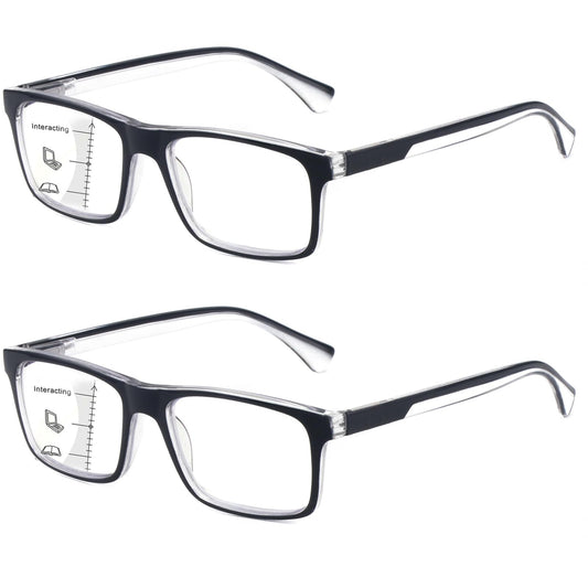 Missfive 2-Pack Mens Light Multifocus Progressive Reading Glasses Blue Light Blocking, Multifocal Spring Hinge Readers No-Line Quality Comfort Trifocal (Workspace For Near Range, Black)