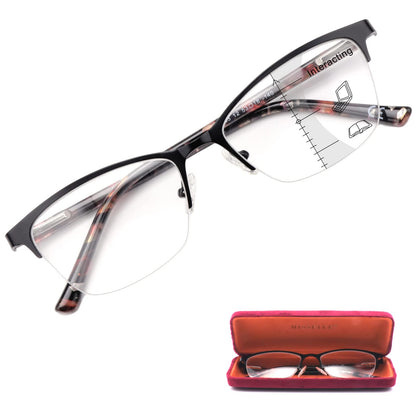 Missfive Premium Progressive Multifocus Metal Reading Glasses Women & A Case, Quality Spring Hinge Blue Light Blocking No Line Lens Multifocal Readers(for Mid-Near Workspace_ Classic Black)