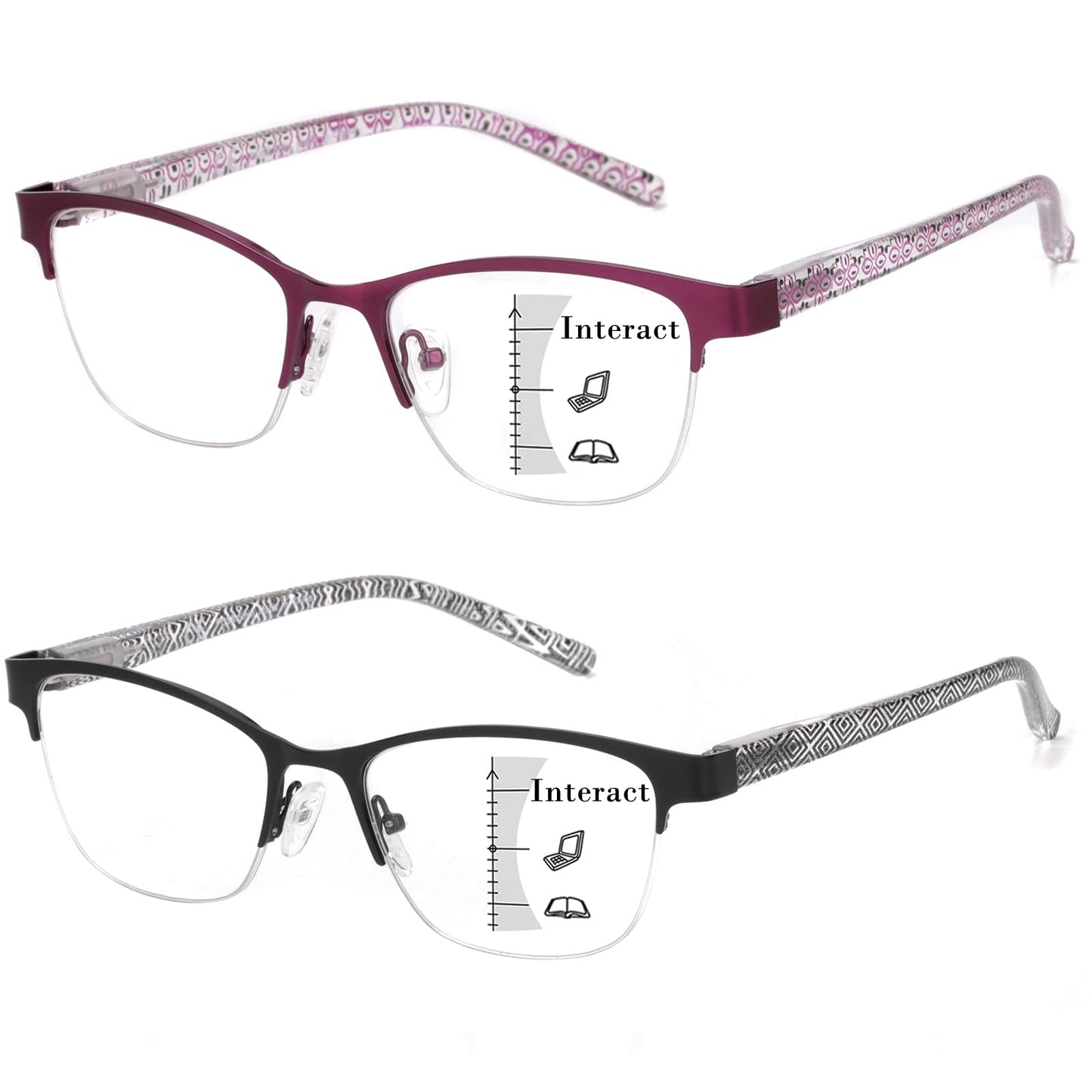 Missfive 2 Pack Women Progressive Multifocus Reading Glasses, No Line Blue Light Blocking Spring Hinge Readers Lightweight Multifocal Computer Cateye Eyeglasses(Workspace For Near Range, )