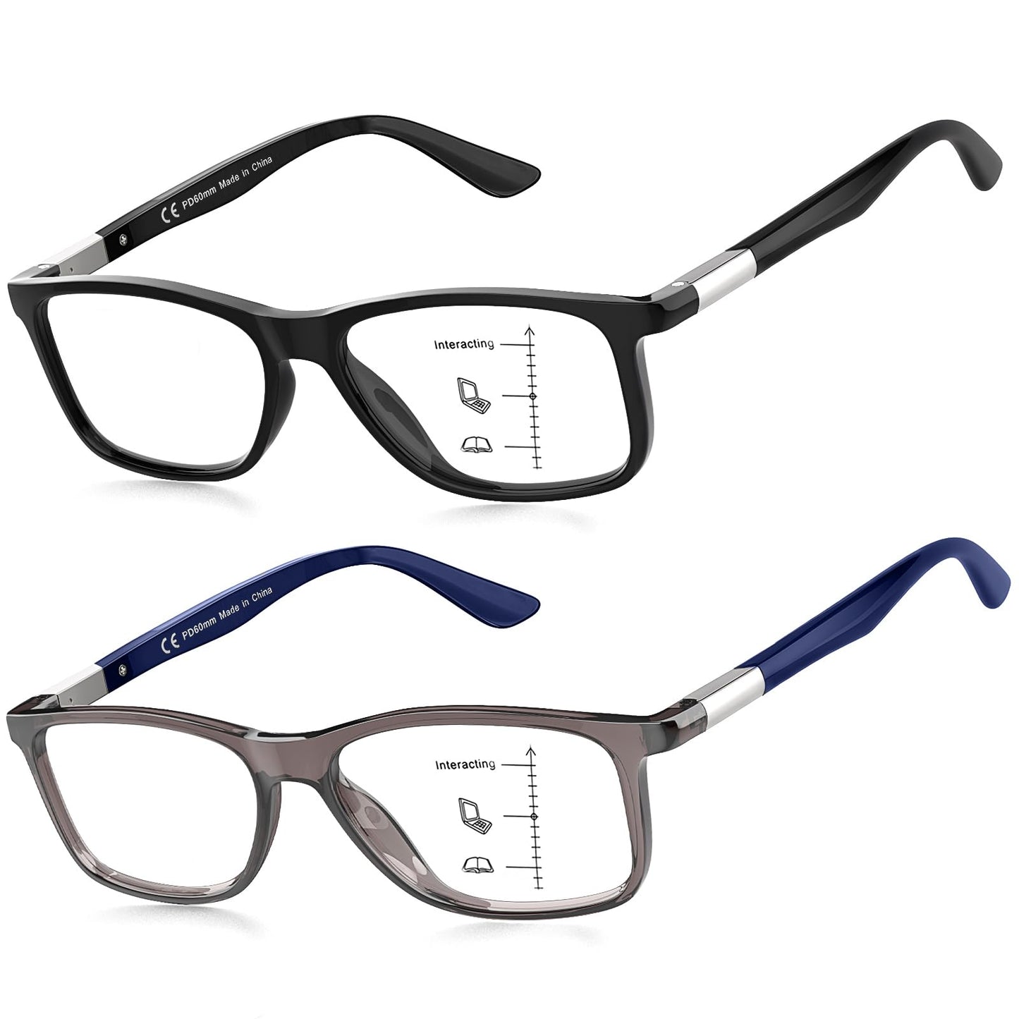 Missfive 2 Pack Progressive Multifocus Reading Glasses Premium Flexible Metal Spring Hinge, Light TR90 Multifocal Readers for Men Women Anti Blue/UV No-Line Trifocal for 3-5ft Mid-Near, Black & Blue