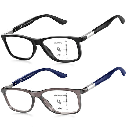 Missfive 2 Pack Progressive Multifocus Reading Glasses Premium Flexible Metal Spring Hinge, Light TR90 Multifocal Readers for Men Women Anti Blue/UV No-Line Trifocal for 3-5ft Mid-Near, Black & Blue