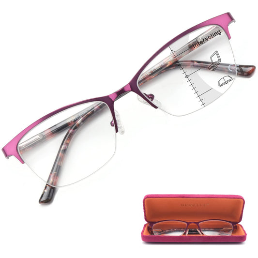 Missfive Premium Progressive Multifocus Metal Computer Reading Glasses For Women & A Hard Case, Quality Spring Hinge No Line Multifocal Readers (Workspace For Near Range )