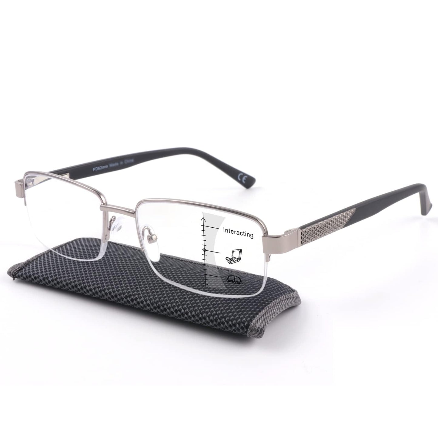 Missfive Men Premium Multifocus Reading Glasses Blue Light Blocking, Progressive Metal Frame With No Broken Spring Hinge Multifocal Readers Computer Eyewear,Workspace For Near Range, Silver