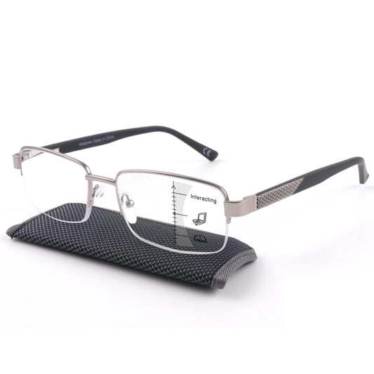 Missfive Men Premium Multifocus Reading Glasses Blue Light Blocking, Progressive Metal Frame With No Broken Spring Hinge Multifocal Readers Computer Eyewear,Workspace For Near Range, Silver