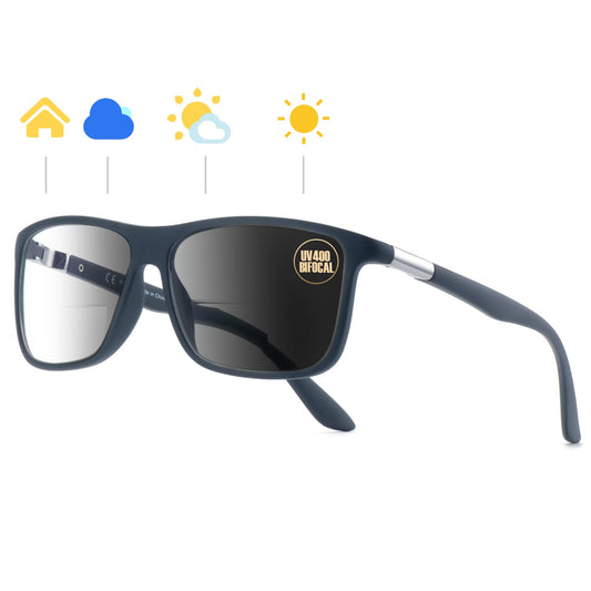 Missfive Photochromic Bifocal Reading Glasses Men Blue Light Protection, Designer Transition Retro Computer Readers Far and Near Dual-Use Lens Stylish Vintage Eyeglasses Matte Gray Eyewear