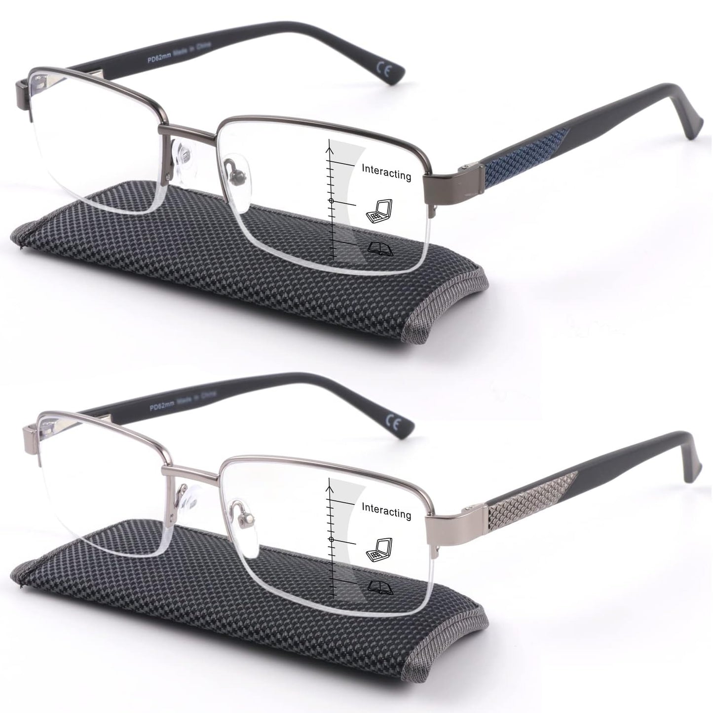 Missfive Men Premium Multifocus Reading Glasses Blue Light Blocking, Progressive Metal Frame With No Broken Spring Hinge Multifocal Readers Computer Eyewear 2 Pack (Workspace For Near Range)