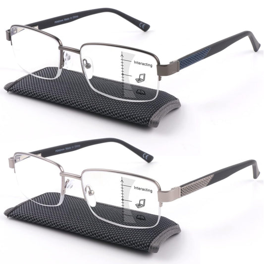 Missfive Men Premium Multifocus Reading Glasses Blue Light Blocking, Progressive Metal Frame With No Broken Spring Hinge Multifocal Readers Computer Eyewear 2 Pack (Workspace For Near Range)