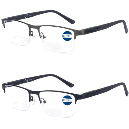 Missfive 2 Pack Mens Bifocal Reading Glasses, Blue Light Blocking Far Near Dual-use Readers, Durable Spring Hinge Quality Metal Frame Eyeglasses, Black & Gunmetal