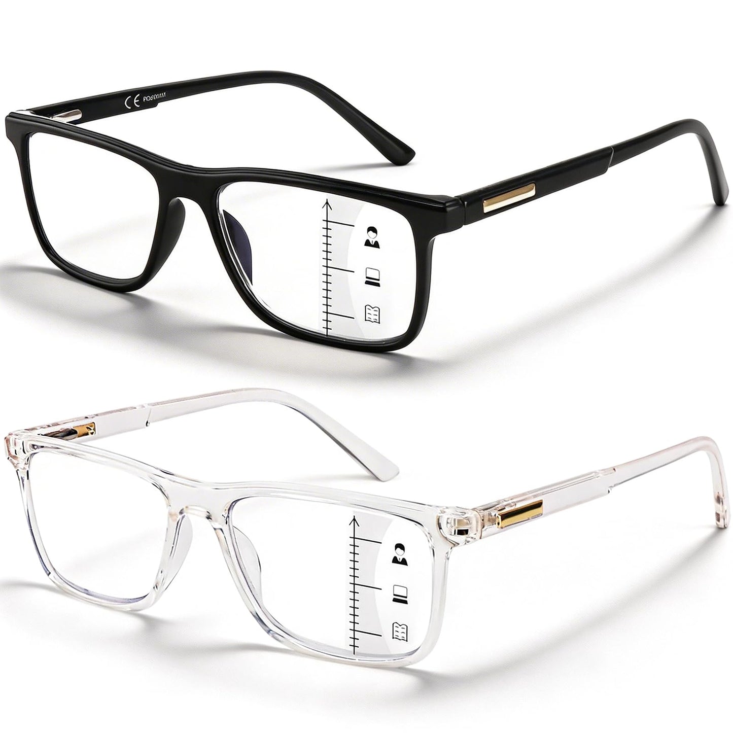 Missfive 2 Pack Unisex Progressive Multifocus Reading Glasses for Men Women, Anti Blue/UV No-Line Multifocal Readers with Durable Metal Spring Hinge, Stylish Eyewear for Near Workspace Eyewear