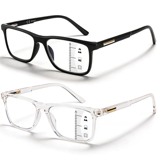 Missfive 2 Pack Unisex Progressive Multifocus Reading Glasses for Men Women, Anti Blue/UV No-Line Multifocal Readers with Durable Metal Spring Hinge, Stylish Eyewear for Near Workspace Eyewear