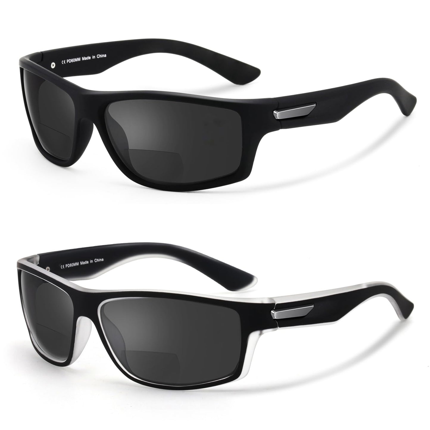 Missfive 2-Pack Mens Ultimate Bifocal Sunglasses with Readers Built In Sporty Upgraded Wrap Frame, UV400 Protection Driving & Reading Glasses for Outdoor Activities, Black & Black/Translucent Frame