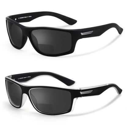 Missfive 2-Pack Mens Ultimate Bifocal Sunglasses with Readers Built In Sporty Upgraded Wrap Frame, UV400 Protection Driving & Reading Glasses for Outdoor Activities, Black & Black/Translucent Frame
