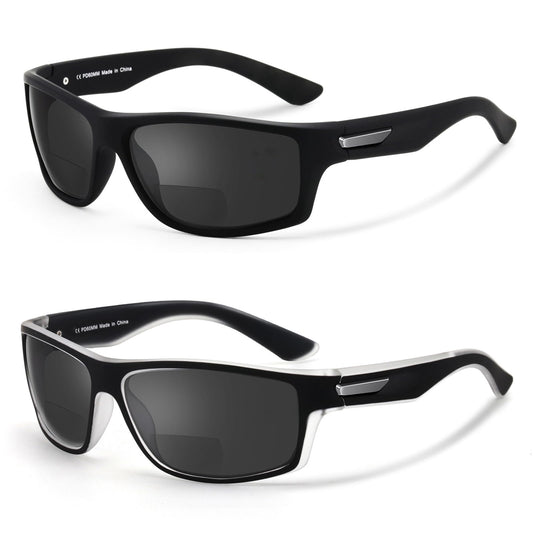 Missfive 2-Pack Mens Ultimate Bifocal Sunglasses with Readers Built In Sporty Upgraded Wrap Frame, UV400 Protection Driving & Reading Glasses for Outdoor Activities, Black & Black/Translucent Frame