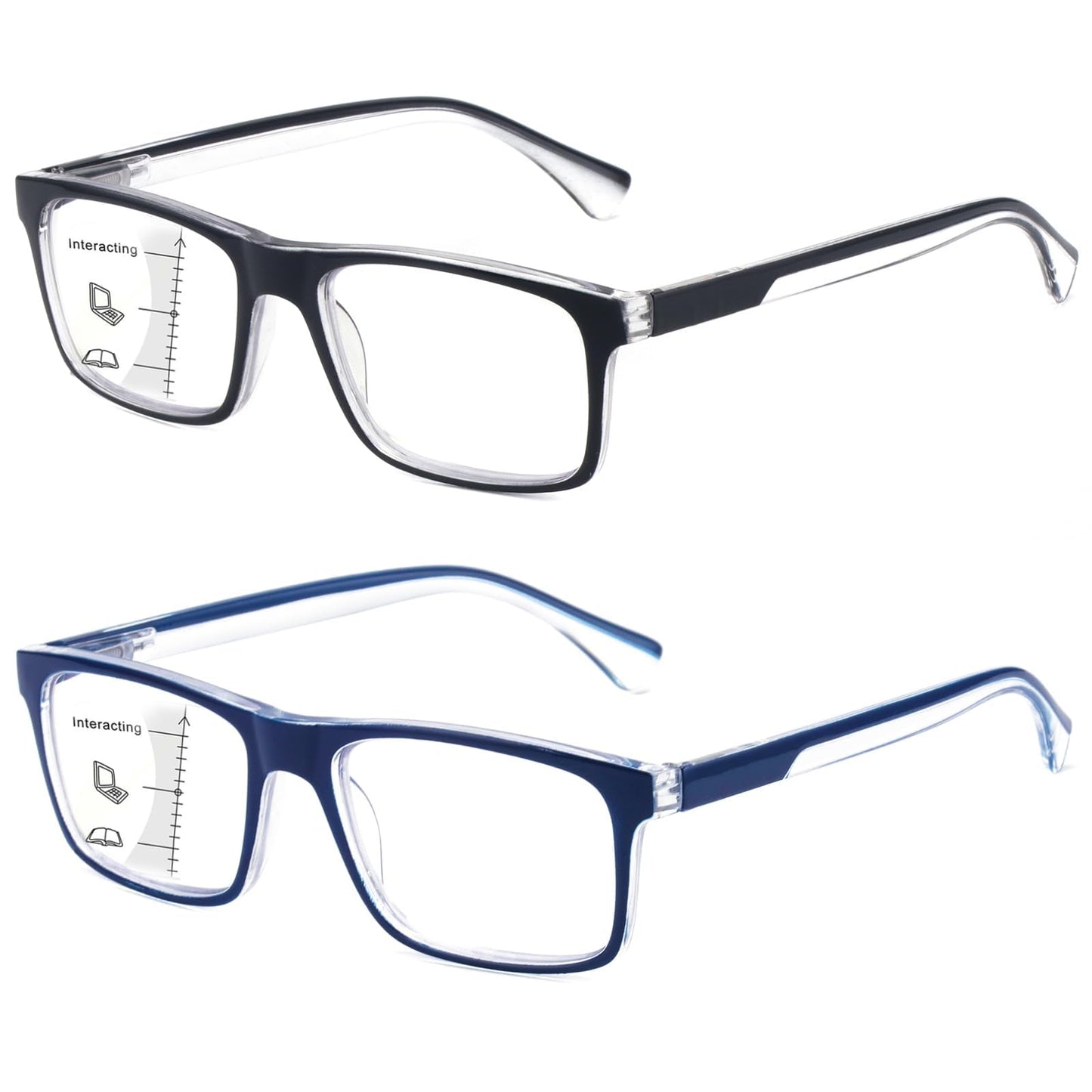 2-Pack Mens Light Multifocus Progressive Reading Glasses Blue Light Blocking, Multifocal Spring Hinge No-Line Quality Trifocal Readers Comfort Eyeglasses (Workspace For Near Range )