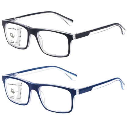 2-Pack Mens Light Multifocus Progressive Reading Glasses Blue Light Blocking, Multifocal Spring Hinge No-Line Quality Trifocal Readers Comfort Eyeglasses (Workspace For Near Range )