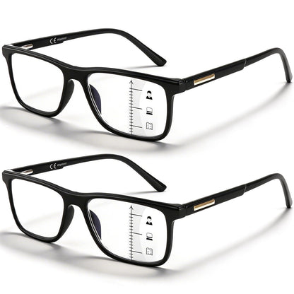 Missfive 2 Pack Unisex Progressive Multifocus Reading Glasses for Men Women, Anti Blue/UV No-Line Multifocal Readers with Durable Metal Spring Hinge, Stylish Eyewear for Near Workspace Eyewear