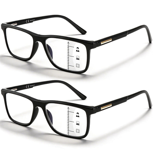 Missfive 2 Pack Unisex Progressive Multifocus Reading Glasses for Men Women, Anti Blue/UV No-Line Multifocal Readers with Durable Metal Spring Hinge, Stylish Eyewear for Near Workspace Eyewear