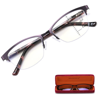 Missfive Premium Progressive Multifocus Metal Reading Glasses Women & A Case, Quality Spring Hinge Blue Light Blocking No Line Lens Multifocal Readers(for Mid-Near Workspace_Deep Purple)