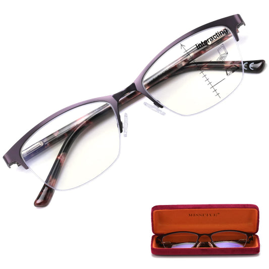 Missfive Premium Progressive Multifocus Metal Reading Glasses Women & A Case, Quality Spring Hinge Blue Light Blocking No Line Lens Multifocal Readers(for Mid-Near Workspace_Deep Purple)