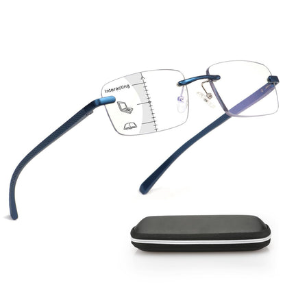 Missfive Premium Aluminum Progressive Multifocus Reading Glasses Men Blue Light Blocking, No-Line Spring Hinge Rimless Office Multifocal Metal Readers for Near Range Workspace, Sapphire