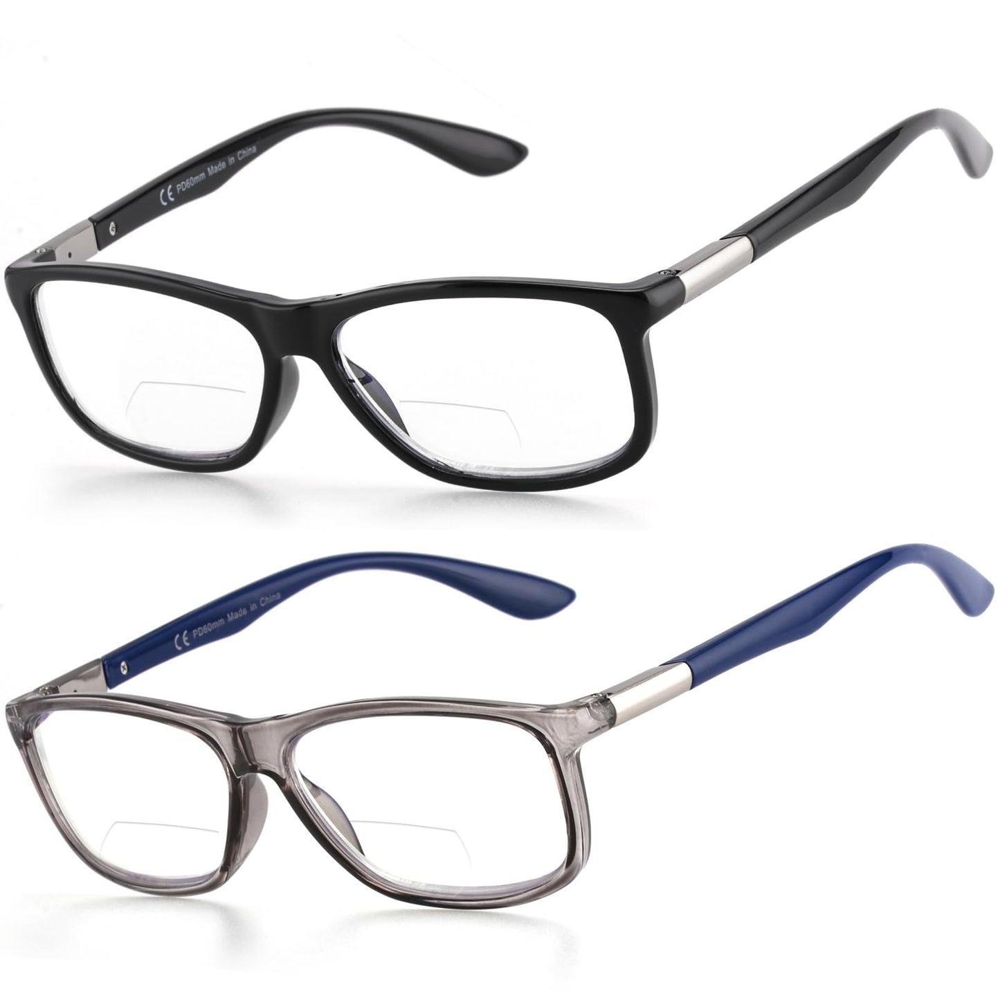 Missfive 2 Pack Classic Bifocal Reading Glasses for Men Women, Premium Metal Spring Hinge Lightweight Frame Readers, Anti Blue/UV Protection Near-Far Dual-Use Eyewear, Black & Blue