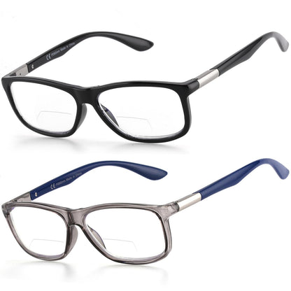 Missfive 2 Pack Classic Bifocal Reading Glasses for Men Women, Premium Metal Spring Hinge Lightweight Frame Readers, Anti Blue/UV Protection Near-Far Dual-Use Eyewear, Black & Blue