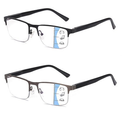 Missfive 2 Pack Mens Quality Progressive Multifocus Reading Glasses Blue Light Blocking, Man Spring Hinge Multifocal No-Line Readers Half Frame Metal Eyeglasses,Workspace For Near Range