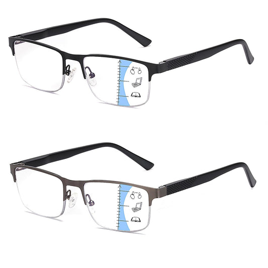 Missfive 2 Pack Mens Quality Progressive Multifocus Reading Glasses Blue Light Blocking, Man Spring Hinge Multifocal No-Line Readers Half Frame Metal Eyeglasses,Workspace For Near Range