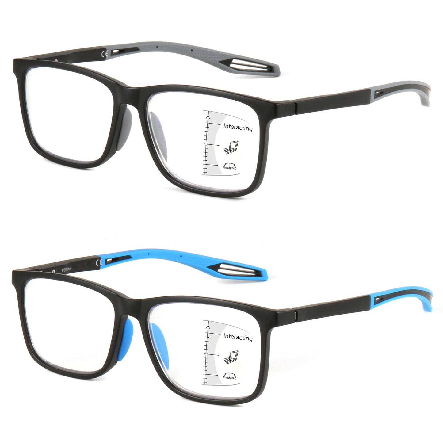 MISSFIVE 2 Pack Upgraded Unbreakable Multifocus Progressive Reading Glasses Men Women - Sports Style TR90 Anti UV/Eyestrain/ Blue, Light Multifocal Readers Spring Hinge Near-Workspace Eyewear, Black & Blue
