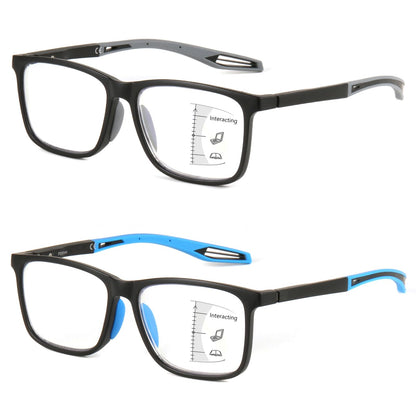 MISSFIVE 2 Pack Upgraded Unbreakable Multifocus Progressive Reading Glasses Men Women - Sports Style TR90 Anti UV/Eyestrain/ Blue, Light Multifocal Readers Spring Hinge Near-Workspace Eyewear, Black & Blue