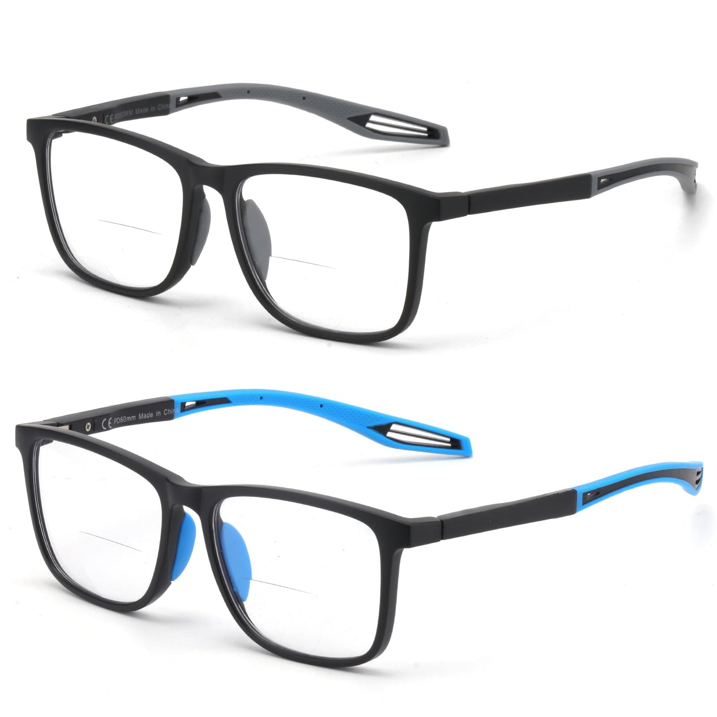 Missfive 2-Pack Bifocal Reading Glasses for Men, Upgraded TR90 Sporty Anti Blue/UV Readers with Metal Spring Hinge, Lightweight Dual-Focus Near-Far Vision Eyeglasses，Black & Blue