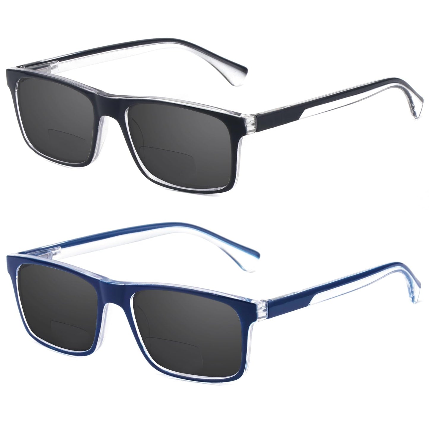 Missfive 2-Pack Mens Light Bifocal Sun Reading Glasses Blue Light Blocking, Near/Far Dual-use Spring Hinge Sun Readers, Anti UV/Eye Strain Comfort Premium Sunglasses